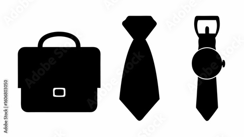 Illustration of a briefcase, a tie, and a watch, all in black silhouette against a white background | editable eps vectors