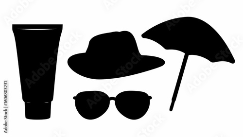 Illustration of beach essentials including sunscreen hat sunglasses and umbrella in black silhouette style | editable eps vectors