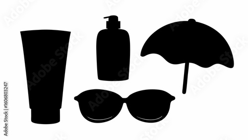 Silhouette illustration of sunscreen bottle sunglasses umbrella and lotion for summer vacation needs | editable eps vectors