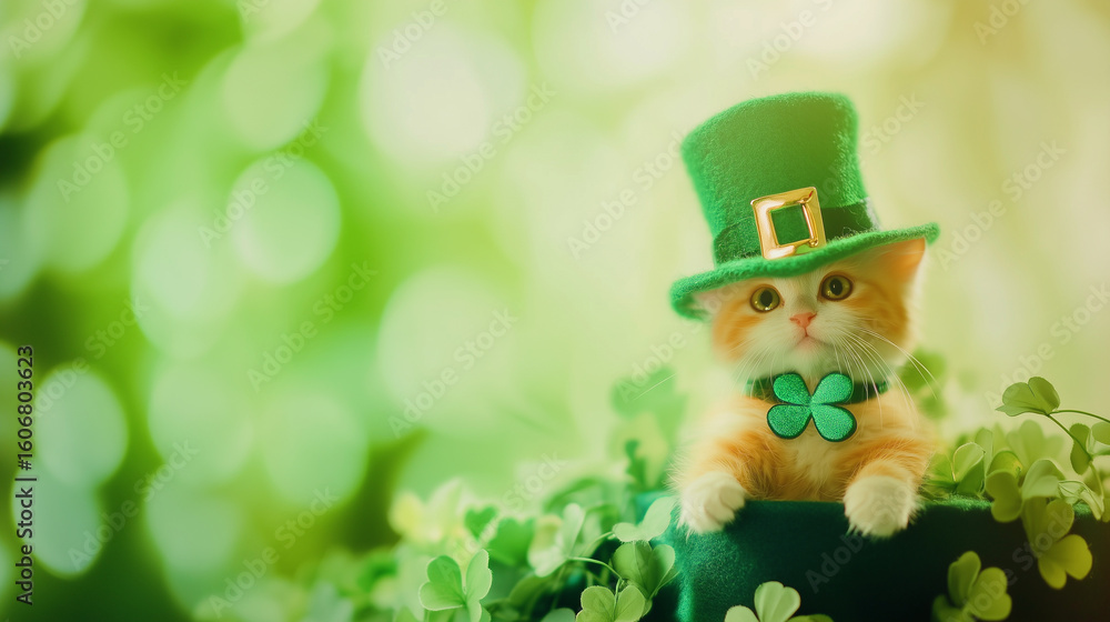 Fototapeta premium Cute kitten in leprechaun hat with clover bow tie celebrating St. Patrick’s Day