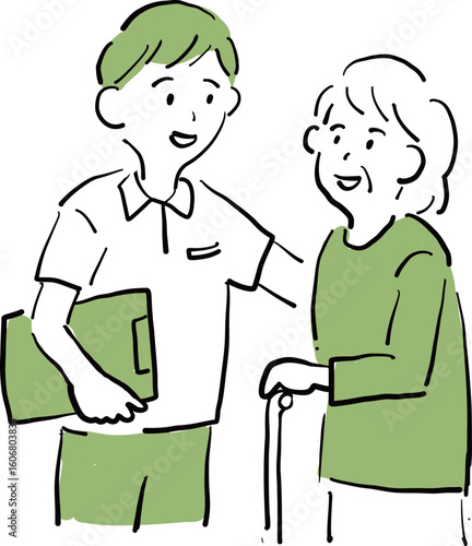Caregiver talking with elderly person with a cane