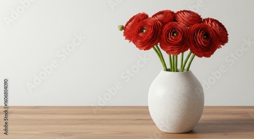 Wallpaper Mural Red ranunculus flowers in a white vase on a wooden surface 1 Torontodigital.ca