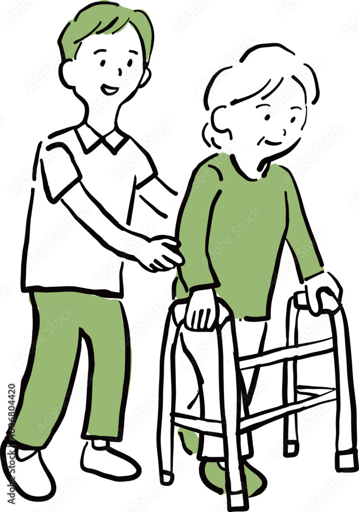 Elderly woman doing rehabilitation walking with caregiver Elderly woman doing rehabilitation walking with caregiver