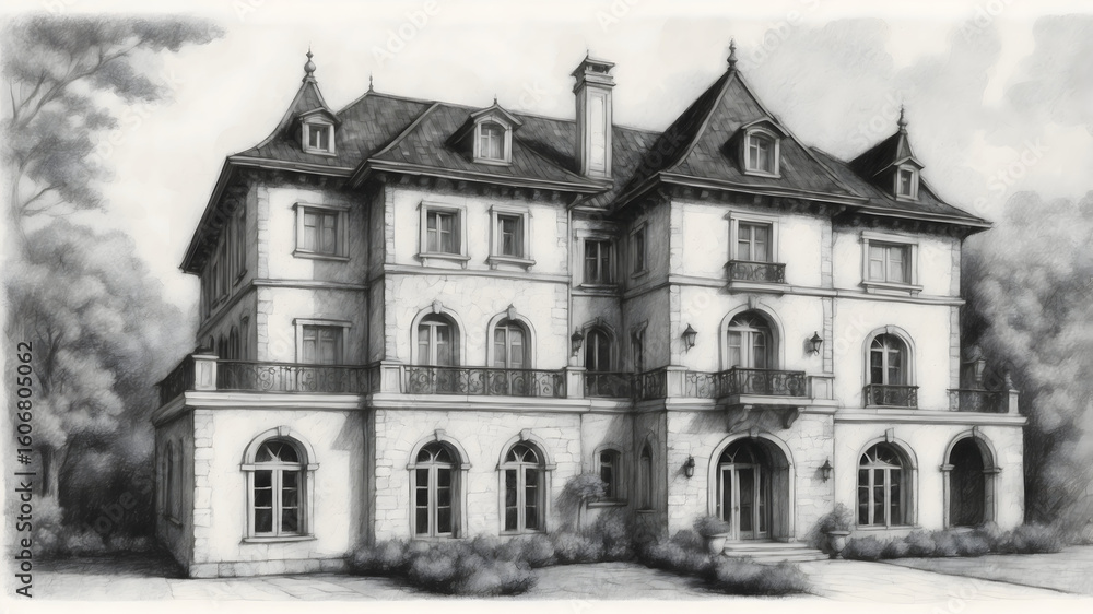 Fototapeta premium Large, luxurious chateau style mansion house, French architecture, black and white illustration, elegant estate
