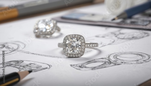 Diamond ring with sparkling gemstone rests on desk beside jewelry design sketches. Luxurious engagement ring fine craftsmanship, diamond brilliance. Perfect for proposals, weddings, love, commitment.