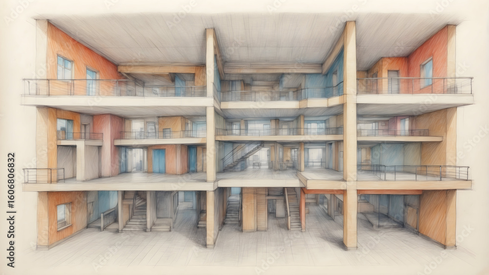 Obraz premium Cutaway, architectural model, building sections, interior design, cross-section