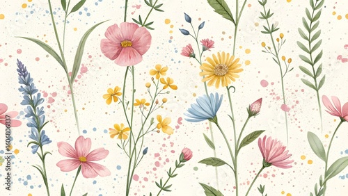 Watercolor Floral Pattern with Delicate Flowers and Splatter Background
