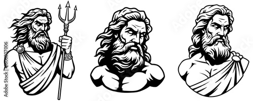 Greek God Poseidon Vector Illustration. Roman God Neptune vector illustration. roman deity. greek deity. Olympian deities. Simple black and white vector illustration of a marble bust of roman God