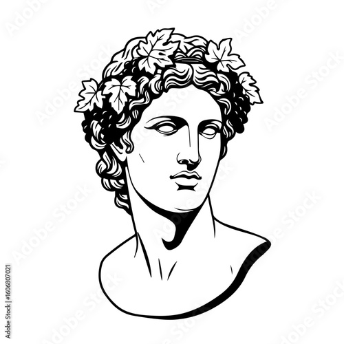 Greek God Dionysus Vector Illustration. Roman God Bacchus vector illustration. roman deity. greek deity. Olympian deities. Simple black and white vector illustration of a marble bust of roman God