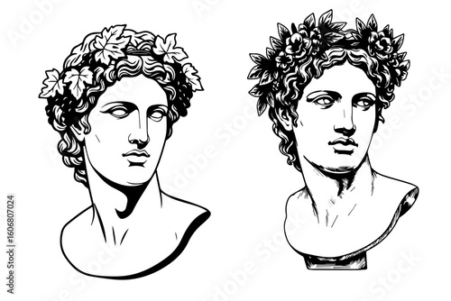 Greek God Dionysus Vector Illustration. Roman God Bacchus vector illustration. roman deity. greek deity. Olympian deities. Simple black and white vector illustration of a marble bust of roman God