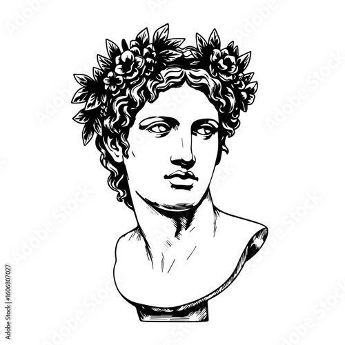 Greek God Dionysus Vector Illustration. Roman God Bacchus vector illustration. roman deity. greek deity. Olympian deities. Simple black and white vector illustration of a marble bust of roman God