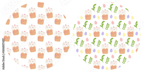 Easter cake with Sprinkles Colorful Eggs and Decorative leaves Pattern on Circle Backgrounds Set