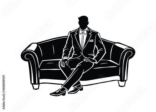 Silhouette of man sitting on tuxedo sofa isolated on a white background