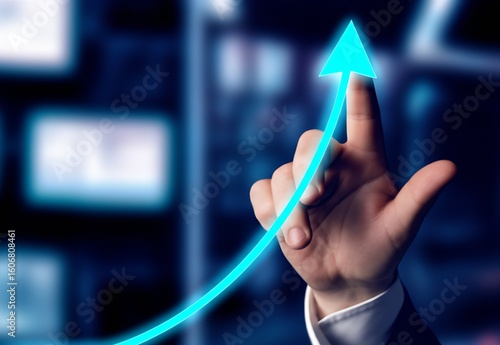 Traders hand extends to a glowing holographic ascending graph, symbolizing the fusion of physical and digital financial markets.