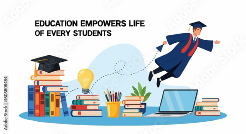 Graduate soaring with knowledge, books, and bright ideas