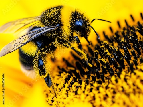 A fuzzy bee, laden with golden pollen, diligently gathers sweet nectar from the vibrant center of a sun-kissed sunflower, showcasing natures essential pollination process.