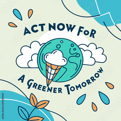 A stylized icon for "Act Now For A Greener Tomorrow" features a globe resembling a melting ice cream cone with clouds and dripping water. Its part of a vectors submission in Adobe Stock.