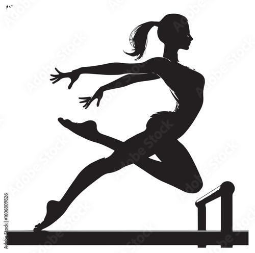 Gymnastics female competing on balance beam silhouette vector graphics