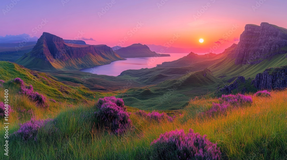 Fototapeta premium Sunrise over a dramatic Highland fjord. Lush hills, vibrant wildflowers, and a dramatic sunset
