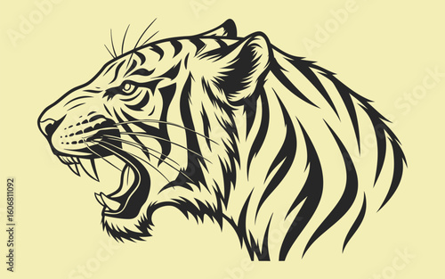 Bold black tiger face drawing with sharp lines and powerful stare in hand drawn graphic style