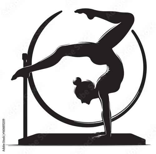 Gymnastics female competing on balance beam silhouette vector graphics
