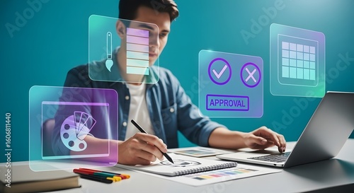 Modern designer sketching new ideas with digital tools for brand approval in a creative workspace, fostering innovation and collaboration
