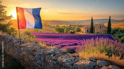 Fototapeta Naklejka Na Ścianę i Meble -  Flag France tricolor banner flying above blooming lavender plantation in Provence during sunset with rustic farmhouse and Mediterranean landscape