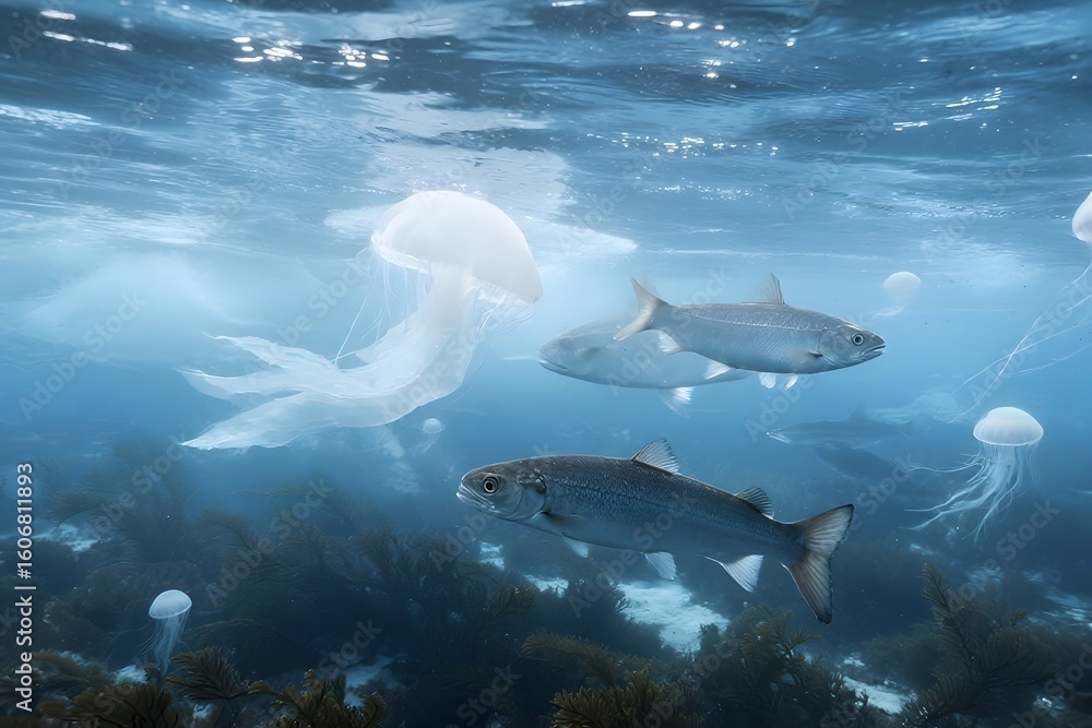Naklejka premium Underwater Ocean Scene with Marine Life and Seascape Elements