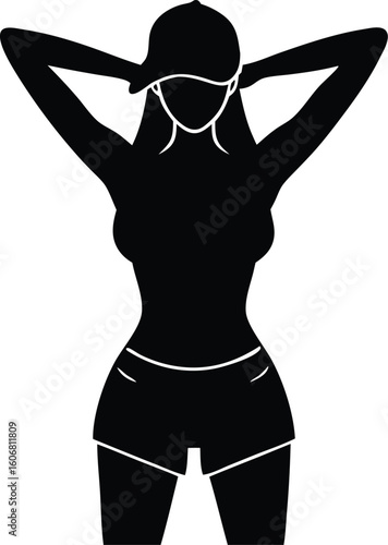  a woman in shorts and a cap with hands behind vector