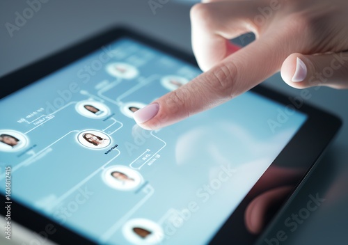 A gentle hand interacts with a tablet screen showcasing a detailed family tree, illustrating genealogy research and ancestral connections.