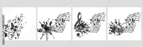 Music background with black and white music notes vector illustration design. Artistic music festival poster, live concert events, party flyer, music notes signs and symbols	