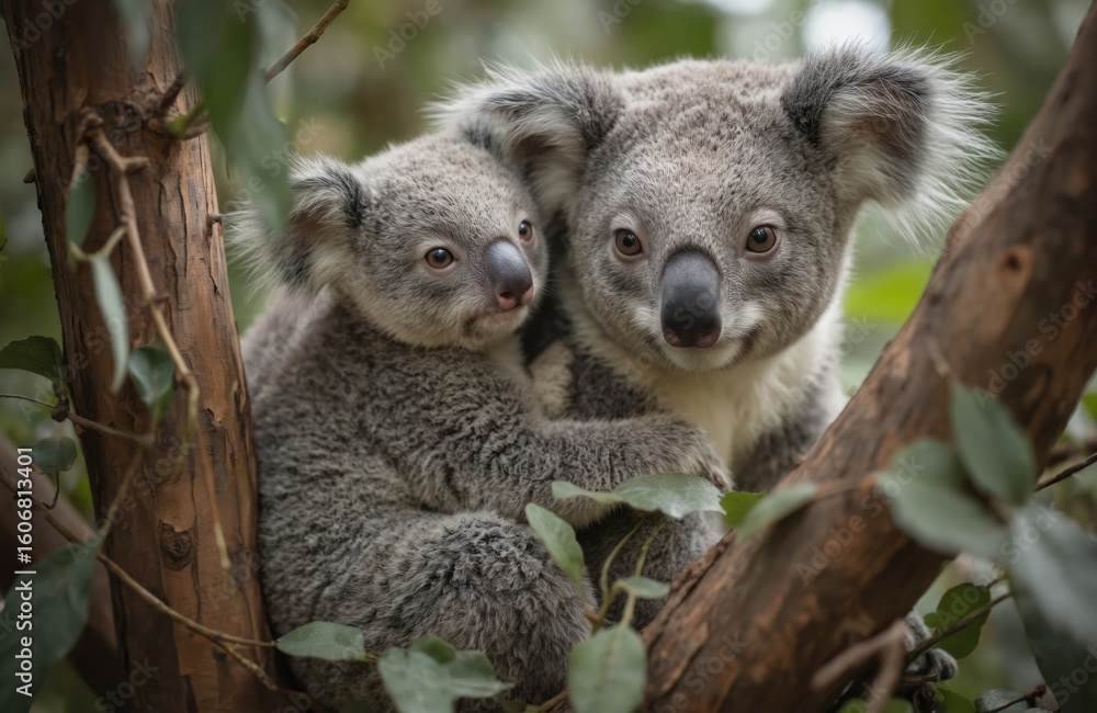 Obraz premium Mother and baby koalas nestled in a eucalyptus tree branch. Adorable marsupials with furry grey coats. Closeup of cute koala family bonding in natural habitat, showing parental love and protection.