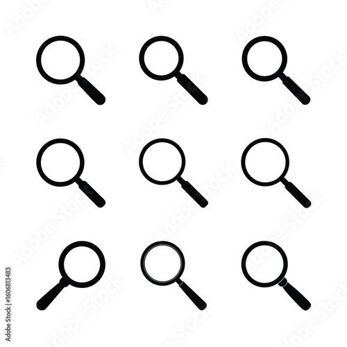 Collection of black magnifying glass icons