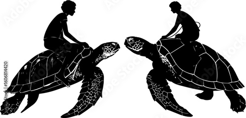 Silhouettes of People Riding Sea Turtles - Fantasy Marine Adventure