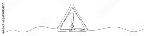 Exclamation mark in triangle in one line art style. Exclamation mark drawing with editable black stroke on white background. Vector illustration.