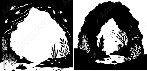 Underwater Cave and Archway Silhouettes with Marine Life