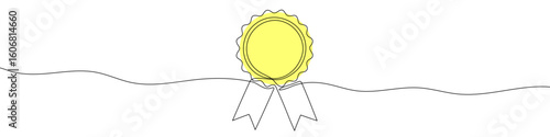 Yellow medal with ribbons in one line art style. Medal drawing with editable black stroke on white background. Vector illustration.