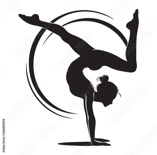 Gymnastics female competing on balance beam silhouette vector graphics