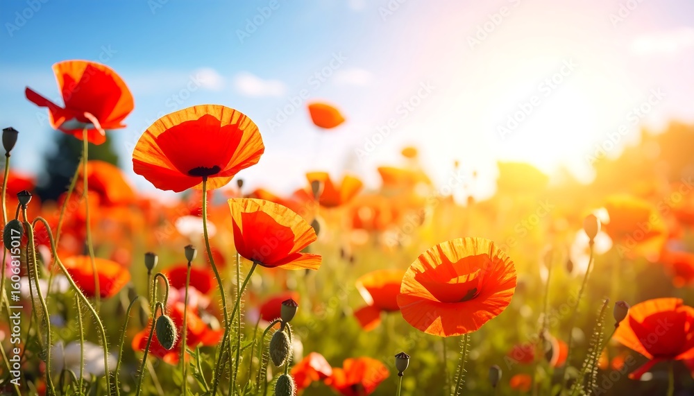 Naklejka premium Vibrant poppy field bathed in sunlight