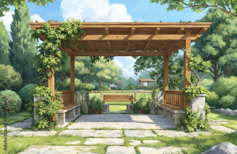 Wooden pergola with benches offers tranquil garden escape. Plants, white hydrangeas, trees create peaceful sanctuary. Stone pathway leads through landscape. Sunny bright day, comfortable relaxation. Wooden pergola with benches offers tranquil garden escape. Plants, white hydrangeas, trees create peaceful sanctuary. Stone pathway leads through landscape. Sunny bright day, comfortable relaxation.
