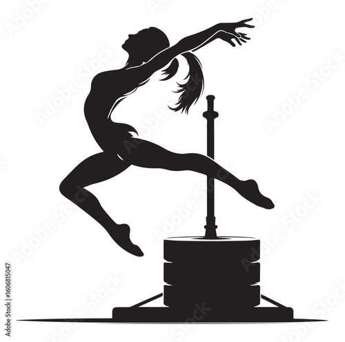 Gymnastics female competing on balance beam silhouette vector graphics