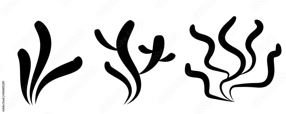 Seaweed icon. Sea algae, reef corals plants, ocean seaweed silhouettes, underwater pattern Seaweed icon. Sea algae, reef corals plants, ocean seaweed silhouettes, underwater pattern