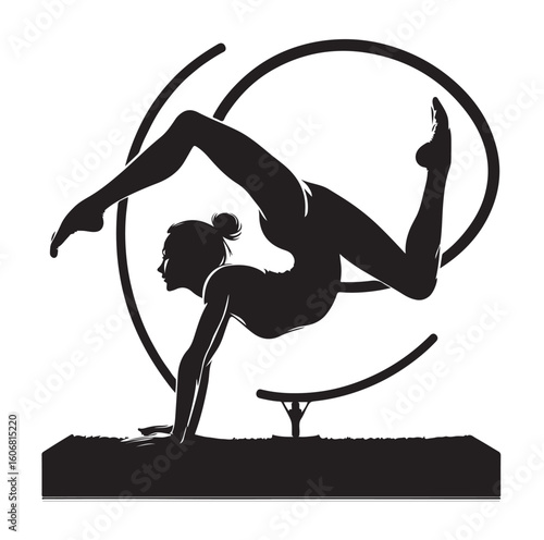 Gymnastics female competing on balance beam silhouette vector graphics