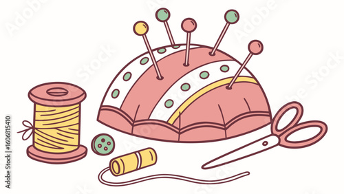 Colorful sewing supplies featuring a pin cushion, thread, scissors, and buttons.