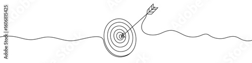 Target with arrow in center in one line art style. Target drawing with editable black stroke on white background. Vector illustration.