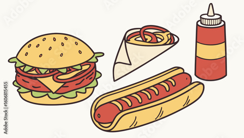 Colorful illustration of fast food items: a burger, hot dog, wrap, and ketchup bottle on a light background.