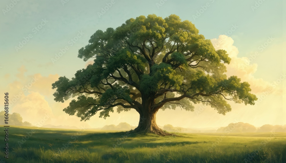 Fototapeta premium Majestic ancient oak tree stands solitary in verdant meadow. Sunrise illuminates tranquil landscape with soft golden light. Peaceful scene captures dawn serene beauty and nature quiet majesty.