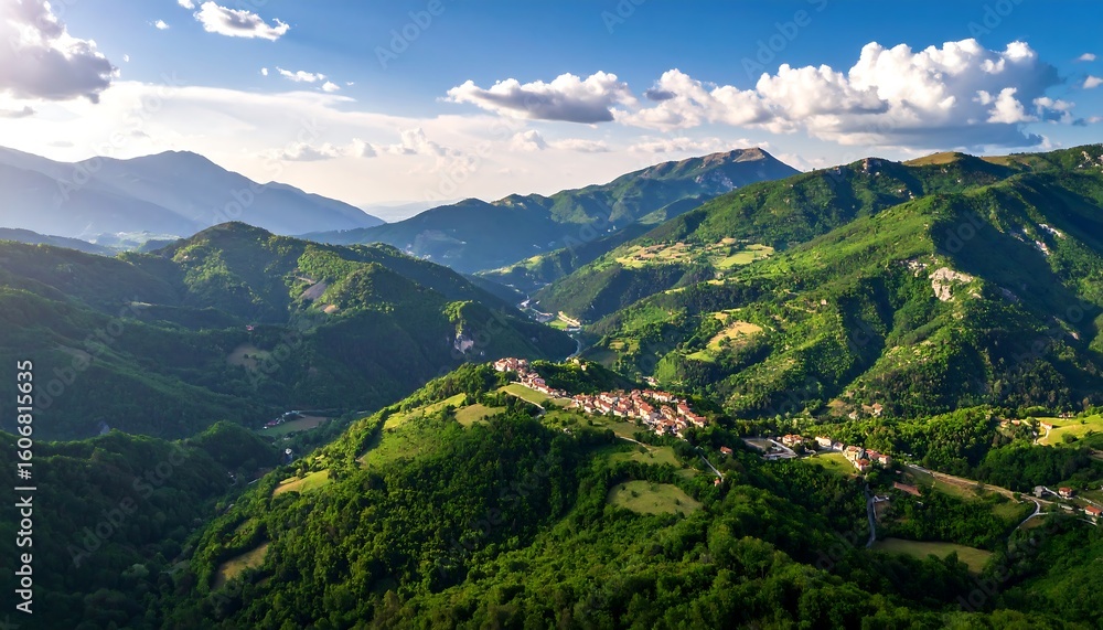 Naklejka premium High-angle view of a valley nestled amidst mountains