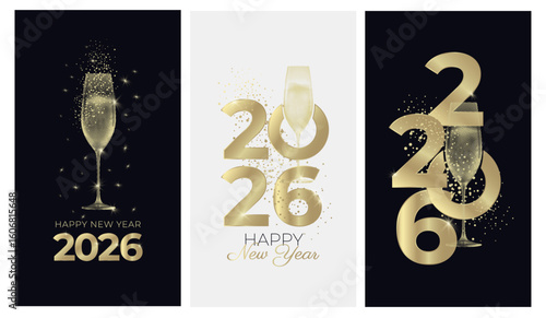 2026 new year greeting cards with glass of champagne. Black and white background and gold colors. Elegant New Year's Eve Banner. Vector