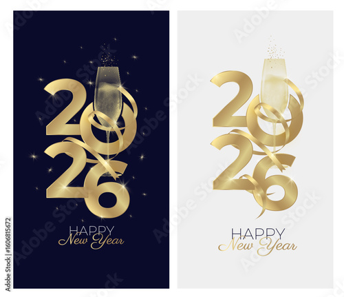 2026 new year greeting cards with glass of champagne. Black and white background and gold colors. Elegant New Year's Eve Banner. Vector